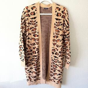 Splendid Animal Print Black Tan Open Front Long Sleeve Long Line Sweater Medium